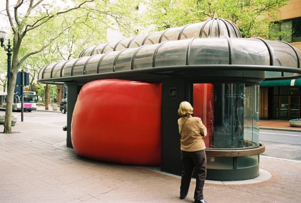 RedBall Portland, wedged in bus stop.